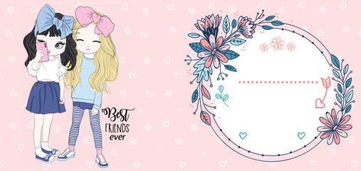 Best friends mug art with illustration of 2 girls and with places to put text with delicate