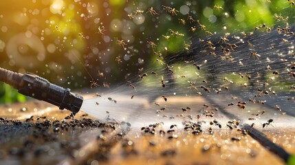 Dramatic Garden Hose Spraying to Wash Away Fire Ants from Wooden Picnic Area