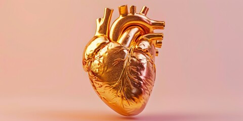 A gold heart-shaped object placed on a bright pink background, creating a striking contrast in colors