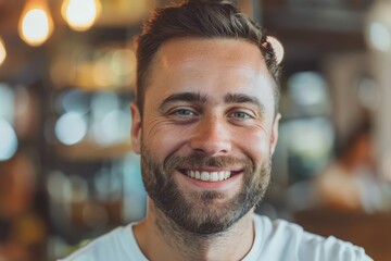 joyful man smiling warmly indoor portrait with blurred background