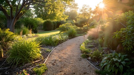 Serene Garden Path Bathed in Golden Hour Glow