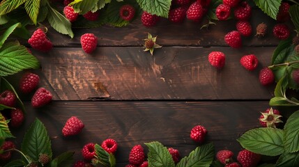 Fresh raspberries arranged on a rustic dark wooden background with green leaves and copy space