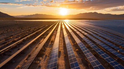 Vast solar farm under a fiery sunset in a desert landscape, showcasing renewable energy