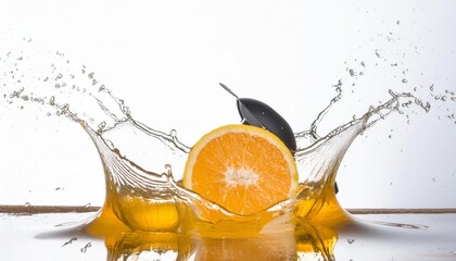 Vibrant splash of water on orange, creates a refreshing scene. Isolated on a white background