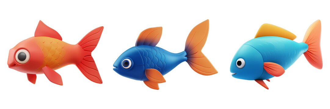 PNG fish 3d icons and objects collection, in cartoon style minimal on transparent, white background, isolate