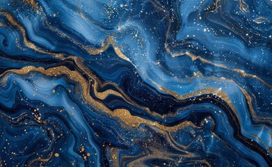 Abstract art with flowing dark blue and gold marbling pattern creating a textured appearance