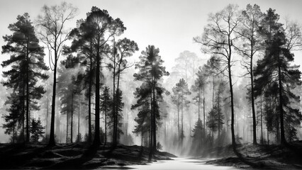 Forest trees in the fog silhouette style dark black and white landscape background