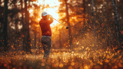dynamic sport photography, shoulder level, Polish man playing golf,generative ai