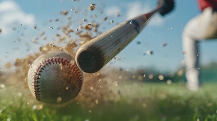 Baseball hit sports and athlete on a outdoor field hitting a ball in a game with a baseball bat Sport baseball player