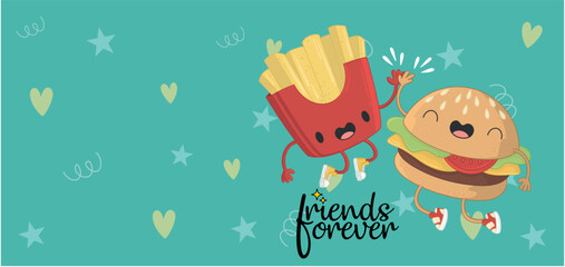 best friends fun illustration hamburger and fries vector cartoon