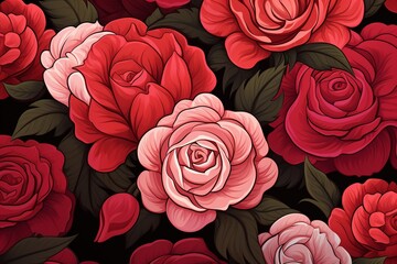 Summer roses, vibrant pink and red hues, seamless vector pattern for floral textile design ,  flat graphic drawing