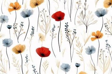 Trendy vintage wild flowers, minimalist style, seamless and repeating for modern fabric designs ,  flat graphic drawing