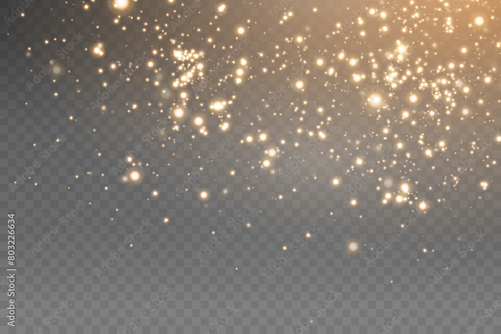 Wall mural Christmas glowing bokeh confetti light and glitter texture overlay for your design. Festive sparkling gold dust png. Holiday powder dust for cards, invitations, banners, advertising.