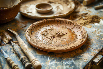 Artisanal pottery with intricate designs, showcasing handcrafted plates and sculpting tools on a rustic workbench.