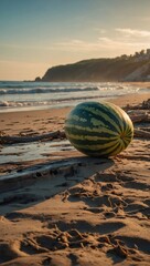 Watermelon on beach waves