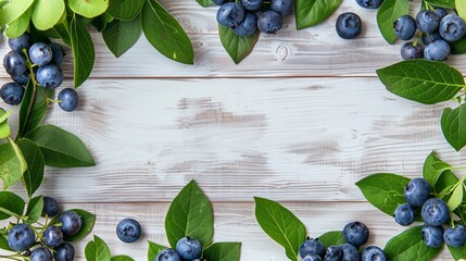 Fresh blueberries with green leaves on a rustic white wooden background, ideal for healthy eating...