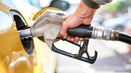 Closeup of a man pumping gasoline fuel into his car at the gas station for refueling