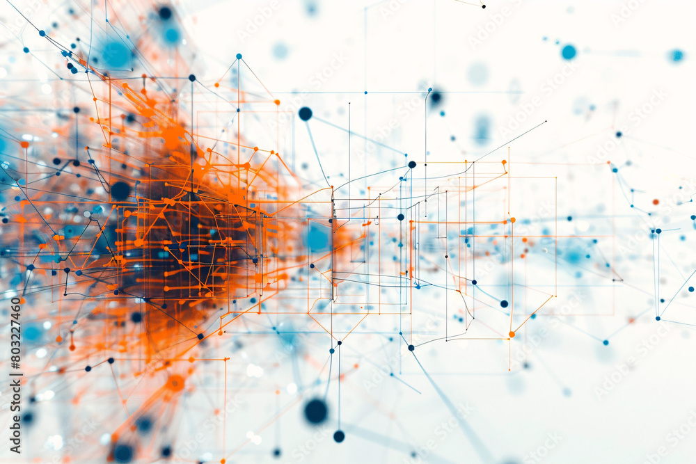 Poster orange burst with blue dots connected by lines on a white background forming a network pattern
