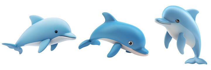 PNG dolphin 3d icons and objects collection, in cartoon style minimal on transparent, white background, isolate