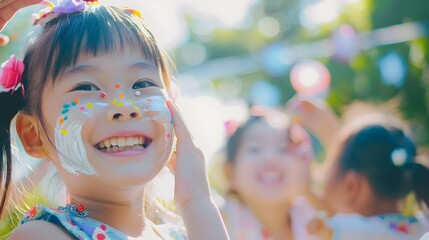 Joyful Outdoor Birthday Party with Asian Child's Vibrant Face Painting