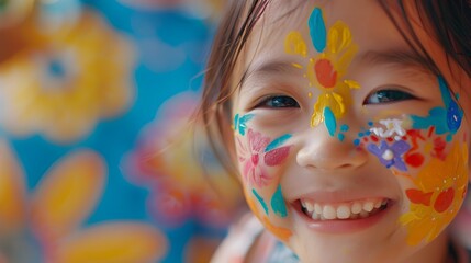 Joyful Asian Girl with Intricate Floral Face Painting at Family Gathering