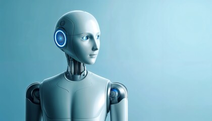 Futuristic humanoid robot with blue lighting on a blue background with copy space

