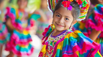 Children in vibrant folk costumes perform traditional Mexican dances, Cinco de Mayo festival in the town square