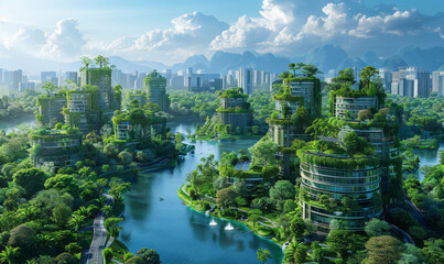 Naklejka premium Modern Cityscape With Skyscrapers and Trees