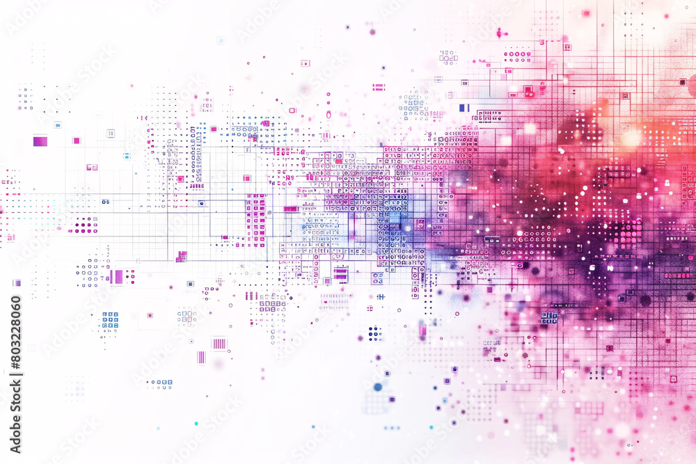 Poster digital art featuring an explosion of pink and blue pixels with grid elements on a white background