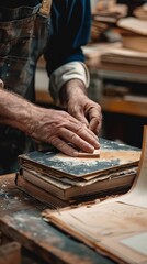 Bookbinding workshop, hands carefully crafting homemade books, art and tradition