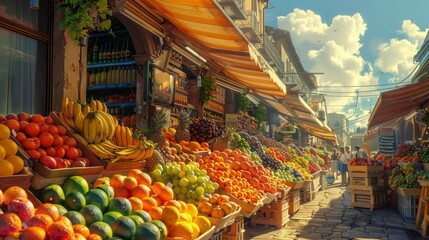 Obraz premium Craft an image of a bustling street market with a fruit store at its heart