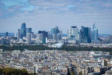  Panoramic view of La Défense is the main business district of Paris, its metropolitan area and the Ile de France region. Bois de Boulogne. Tour Eiffel, Paris, France