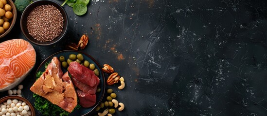 Image of high-protein foods from a top perspective, emphasizing a healthy eating theme with room for text. Panoramic view.