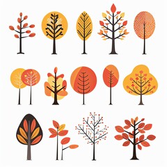 Set of vector illustrations of trees in autumn colors on a white background