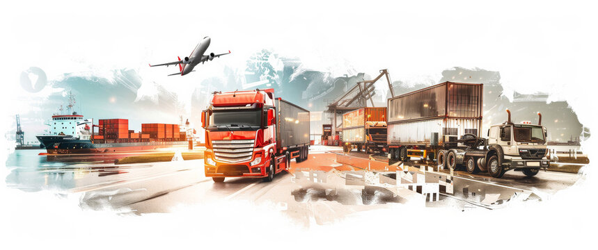 A banner of cargo transport, ships and trucks, with airplane symbolizing global trade