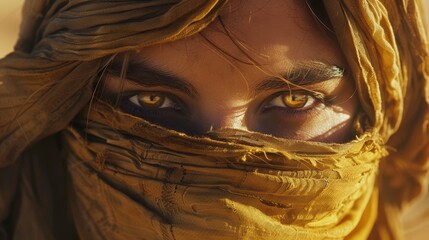 Craft an image of a desert nomad shielding their face from the searing heat with a tattered scarf - obrazy, fototapety, plakaty