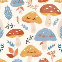 A seamless pattern of cute cartoon mushrooms with smiley faces, surrounded by leaves and branches, in a whimsical fall color palette.