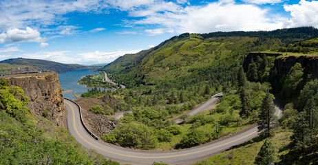 Looking east from Rowena Crest at the historic Columbia highway and the Columbia River Old historic...