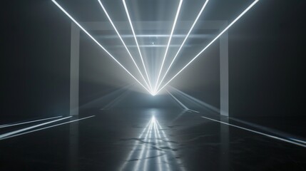 Beams of light forming a minimalist geometric pattern in a dark space