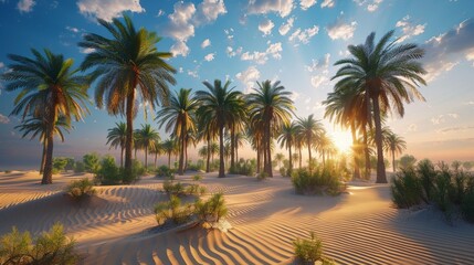 Fototapeta premium Craft an image of a desert oasis oasis with palm trees swaying in the gentle breeze