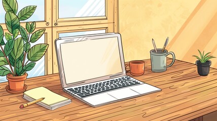 Fototapeta premium Modern home office setup with a laptop and plants