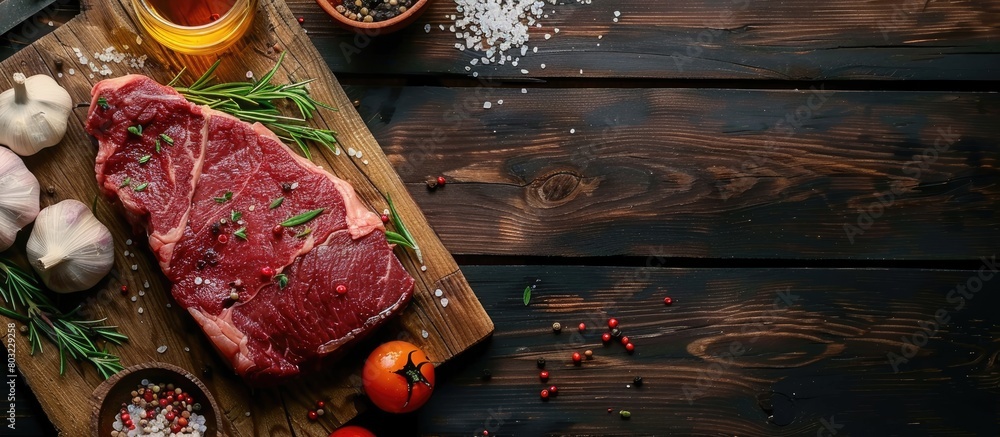 Wall mural cooking raw ribeye beef steak with ingredients, with space for text.