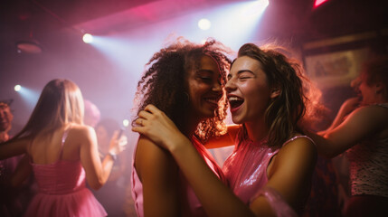 Joyful duo in pink outfits swaying rhythmically in a vibrant club setting.