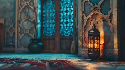 Traditional Floor Lantern Casts Warm Light in Dark Room