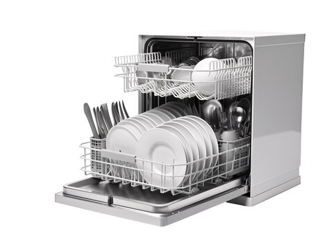 a dishwasher with plates and forks