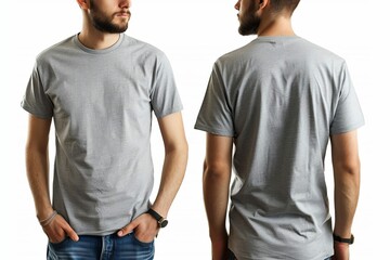 man wearing grey tshirt front and back views on white background apparel mockup