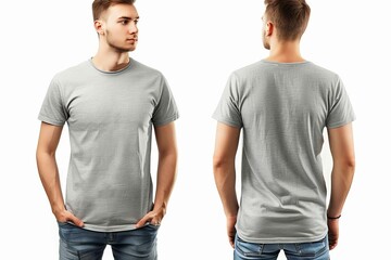 man wearing grey tshirt front and back views on white background apparel mockup