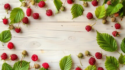 Fresh ripe raspberries with green leaves spread on a white wooden background.