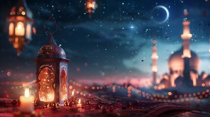 Traditional Lantern and Mosque at night Islamic background