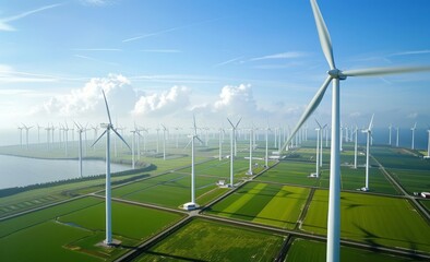 Aerial view of wind turbines along the Dutch waterfront. The generator is filmed in the style of impressionist painters, with green grass and a blue sky